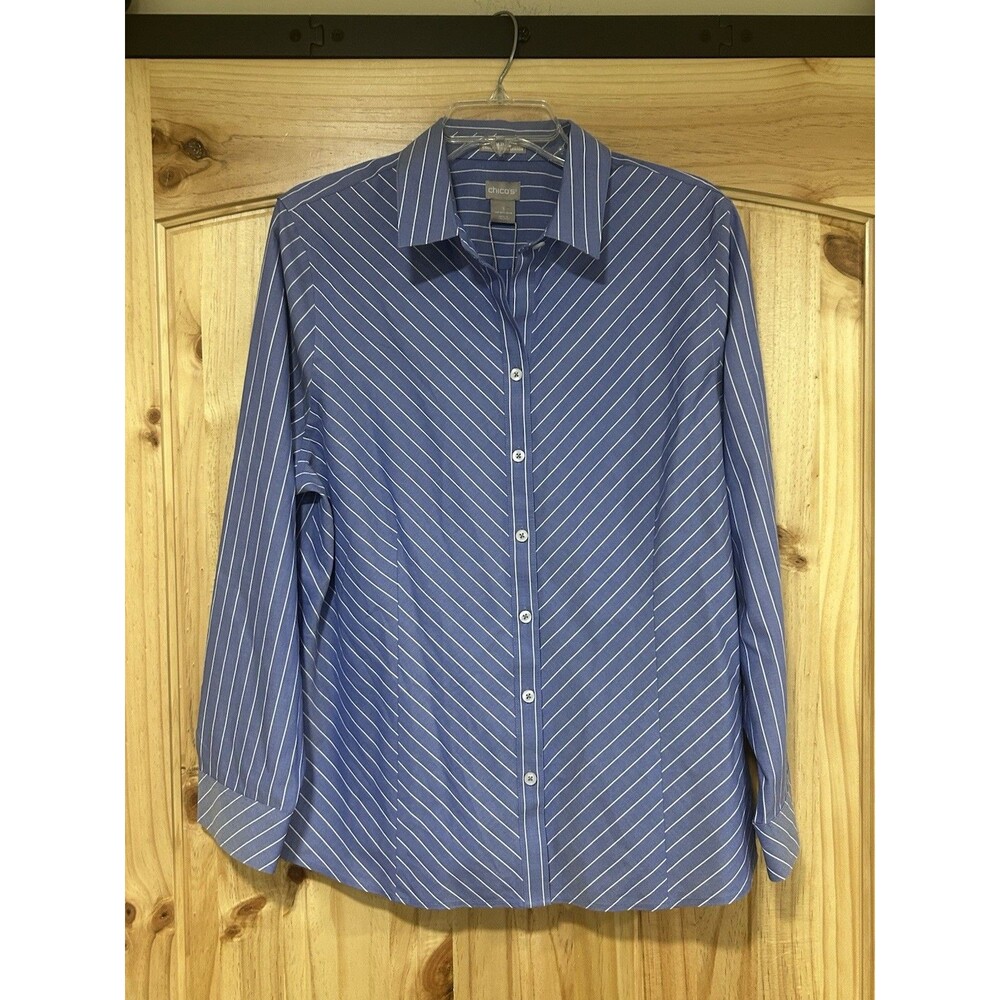 Chicos No Iron Cool Max All Seasons Shirt Blue White Stripes Size 3 - XL